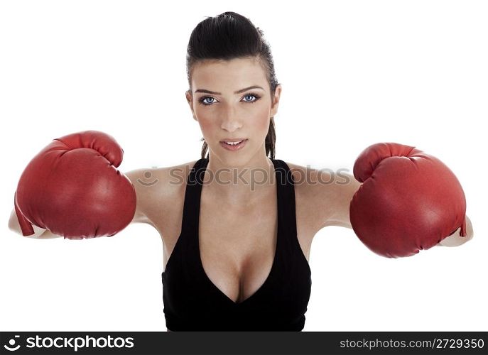 Sexy female posing with red boxing gloves over white background