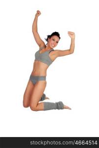 Sexy fitness woman with grey underwear jumping isolated on a white background