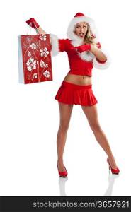 sexy girl dressed as santa claus with a red mini skirt and jacket holding a gift bag