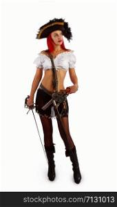 sexy girl in a pirate costume and a cocked hat stands armed with a gun and a sword on a white background. sexy pirate captain