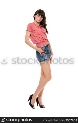 Sexy girl in jeans mini skirt. Isolated on white