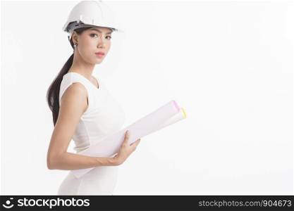 Sexy girl structural engineer holding drafting paper with copy space for product or text, white background photo