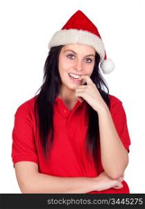 Sexy girl with Christmas hat biting her finger isolated on a over white background