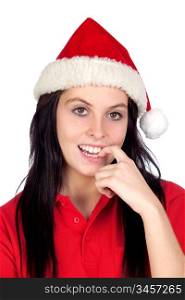 Sexy girl with Christmas hat biting her finger isolated on a over white background