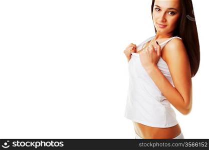 Sexy healthy beautiful woman in white shirt on white background