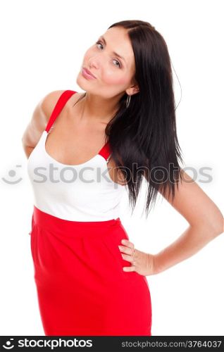 Sexy latin woman in short red hot dress isolated white