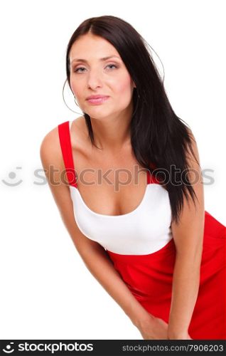 Sexy latin woman in short red hot dress isolated white