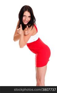 Sexy latin woman in short red hot dress smiling brunette giving you thumbs-up isolated white