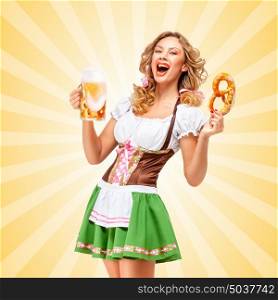 Sexy Oktoberfest waitress wearing a traditional Bavarian dress dirndl holding a pretzel and beer mug and laughing on colorful abstract cartoon style background.