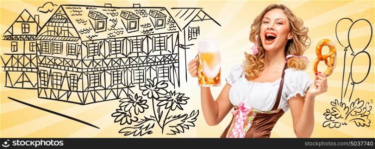Sexy Oktoberfest woman wearing a traditional Bavarian dress dirndl holding a pretzel and beer mug and laughing on sketchy Timber Frame Road background. Facebook size format.