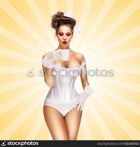 Sexy pinup bride in a vintage wedding corset drinking a morning cup of tea or coffee on colorful abstract cartoon style background.