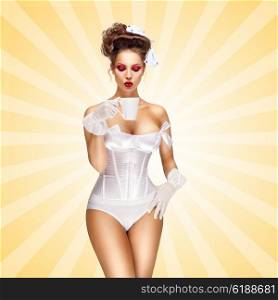 Sexy pinup bride in a vintage wedding corset drinking a morning cup of tea or coffee on colorful abstract cartoon style background.