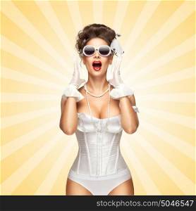 Sexy pinup bride in a vintage wedding corset grimacing and screaming on colorful abstract cartoon style background.