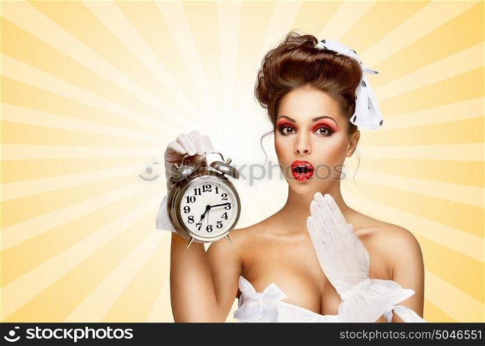 Sexy pinup bride in a vintage wedding corset holding a retro alarm clock and showing surprise on colorful abstract cartoon style background.