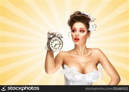 Sexy pinup bride in a vintage wedding corset holding a retro alarm clock and grimacing on colorful abstract cartoon style background.