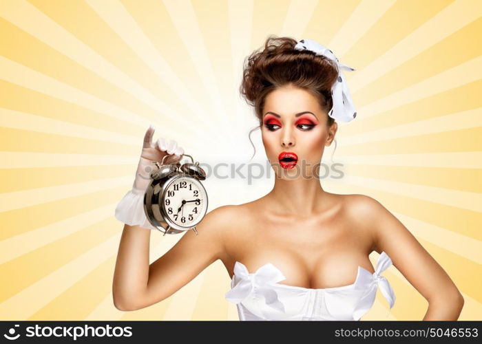 Sexy pinup bride in a vintage wedding corset holding a retro alarm clock and grimacing on colorful abstract cartoon style background.