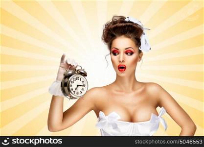 Sexy pinup bride in a vintage wedding corset holding a retro alarm clock and grimacing on colorful abstract cartoon style background.