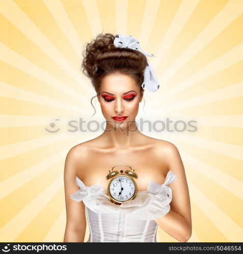 Sexy pinup bride in a vintage wedding corset holding a retro alarm clock on colorful abstract cartoon style background.