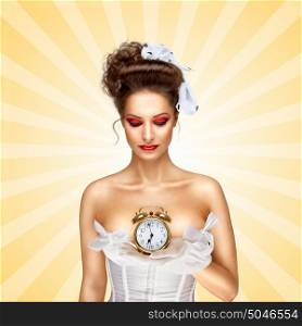 Sexy pinup bride in a vintage wedding corset holding a retro alarm clock on colorful abstract cartoon style background.