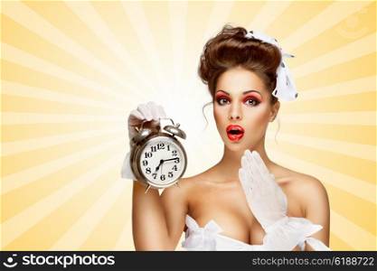 Sexy pinup bride in a vintage wedding corset holding a retro alarm clock and showing surprise on colorful abstract cartoon style background.