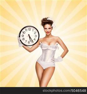 Sexy pinup bride in a vintage wedding corset holding an office wall clock and showing the time on colorful abstract cartoon style background.