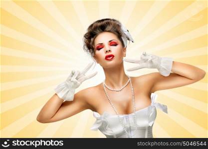 Sexy pinup bride in a vintage wedding corset showing V sign on colorful abstract cartoon style background.