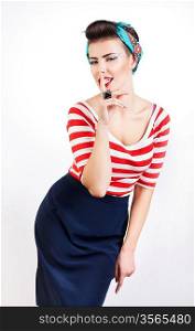 sexy pinup woman in striped t-shirt says quiet