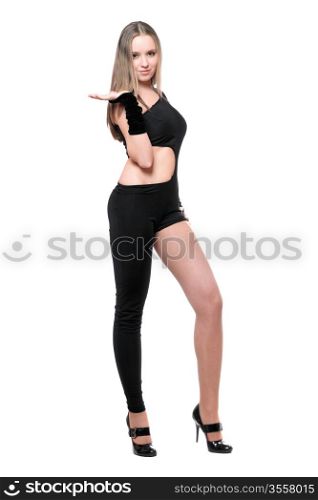 Sexy playful young woman in skintight black costume. Isolated