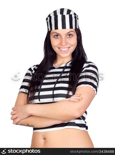 Sexy prisoner smiling isolated on a over white background