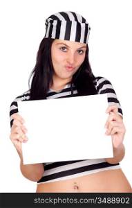 Sexy prisoner with blank paper isolated on a over white background
