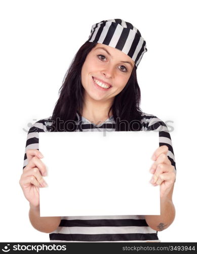 Sexy prisoner with blank paper isolated on a over white background