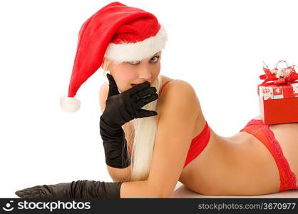 sexy santa claus in lingerie and gloves making face