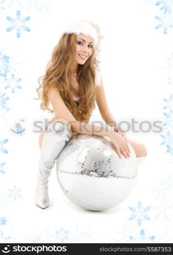 sexy santa helper with big disco ball and snowflakes