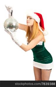 Sexy santa helper with big disco ball isolated on a white background