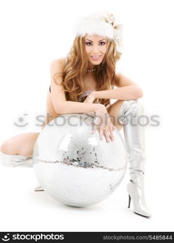 sexy santa helper with big disco ball over white