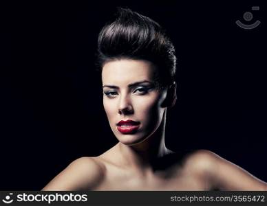 sexy sensual woman with red lips in dark