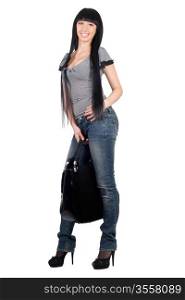 Sexy smiling girl with a handbag. Isolated