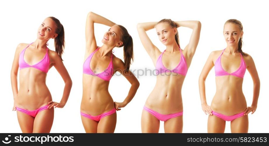 Sexy tan woman in bikini collection isolated on white background