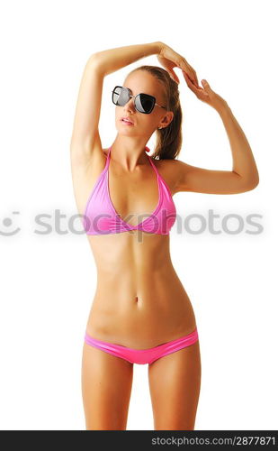 Sexy tan woman in bikini isolated on white background