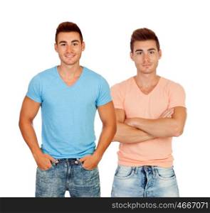 Sexy twins with colored t-shirts isolated on white background