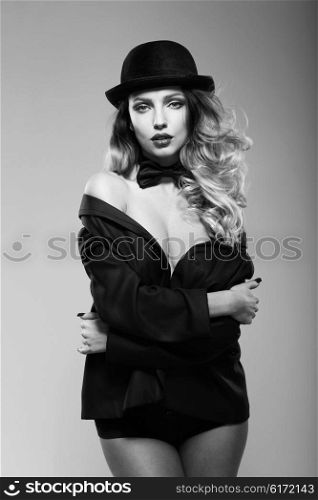 Sexy woman in a man&rsquo;s jacket. Black and white.