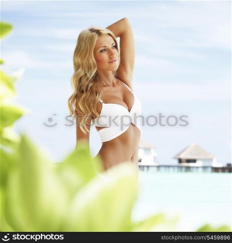 Sexy woman in bikini on beach on sea and villa background