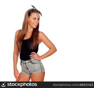 Sexy woman in jean shorts isolated on a white background