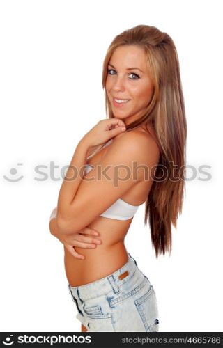 Sexy woman in jean shorts isolated on a white background