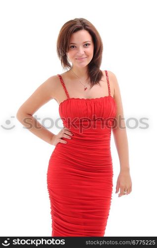 Sexy woman in red dress. Isolated over white.