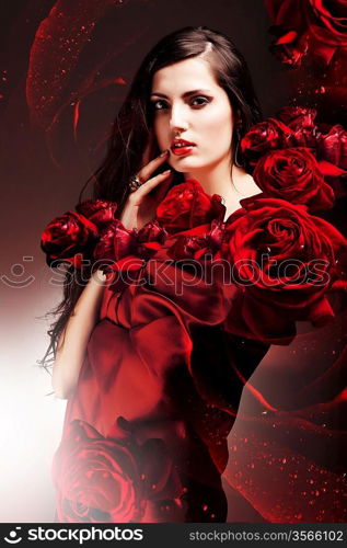 sexy woman in red fabric with red roses
