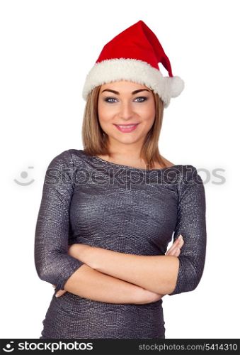 Sexy woman with a Christmas hat isolated on white background