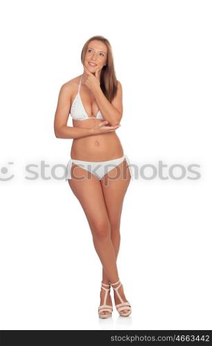 Sexy woman with bikini thinking isolated on white background