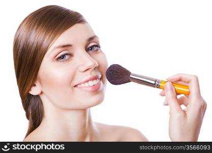 sexy woman with cosmetic brush on white background