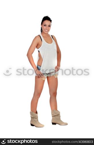Sexy woman with jeans short an boots isolated on a white background